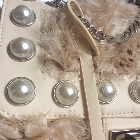 ITALIAN ALEX MAX NUDE BEIGE RUFFLE PEARL BACKPACK BAG PURSE TOTE - Picture 3 of 8